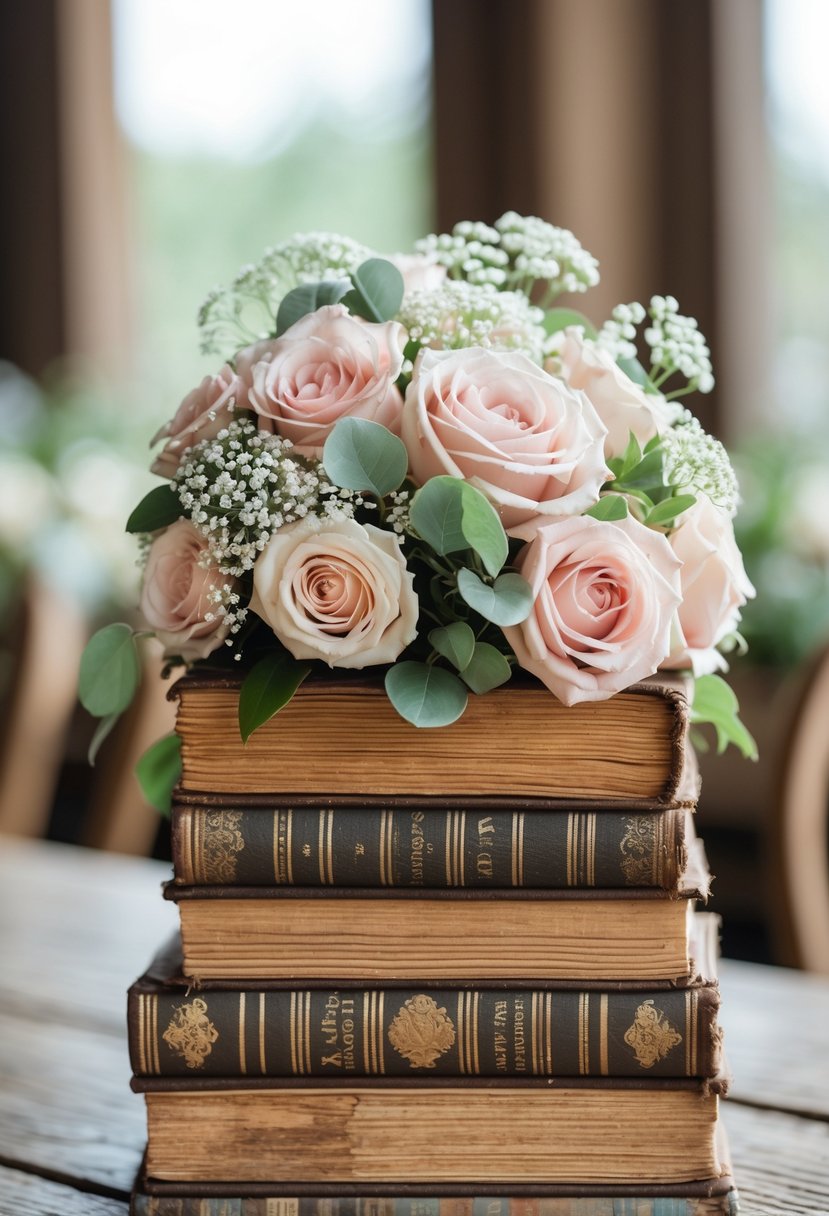 A stack of vintage books topped with small bouquets of pastel flowers arranged as a wedding centerpiece on a wooden table.