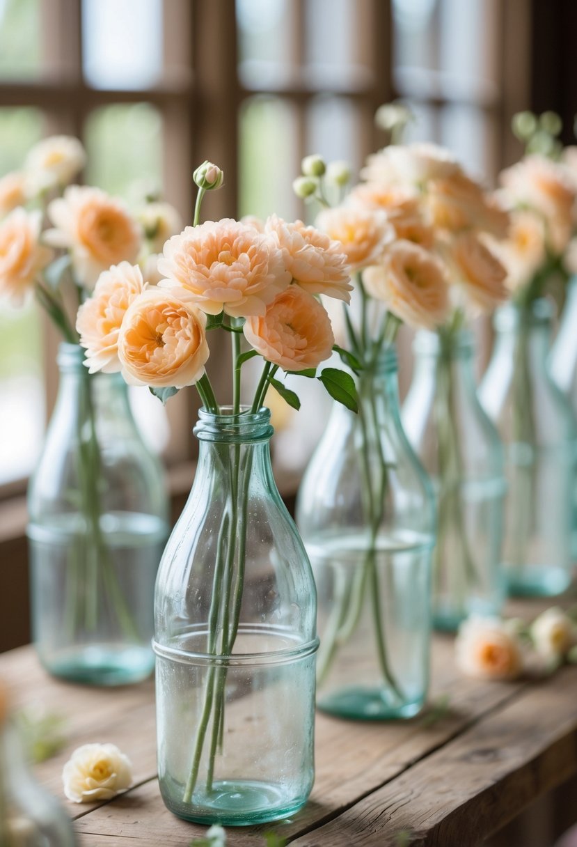 A group of vintage milk bottles filled with peach-colored flowers arranged on a wooden table.