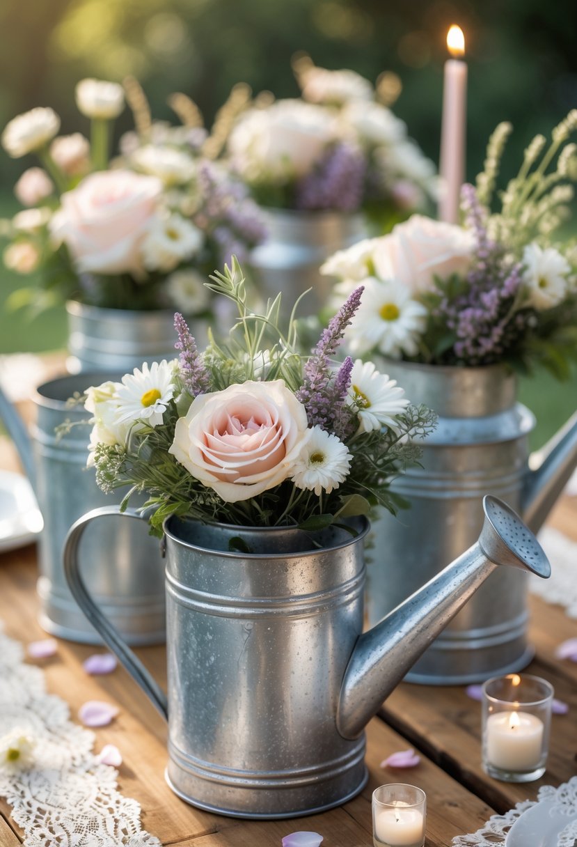 A wooden table with vintage tin watering cans filled with fresh flowers arranged as wedding centerpieces.