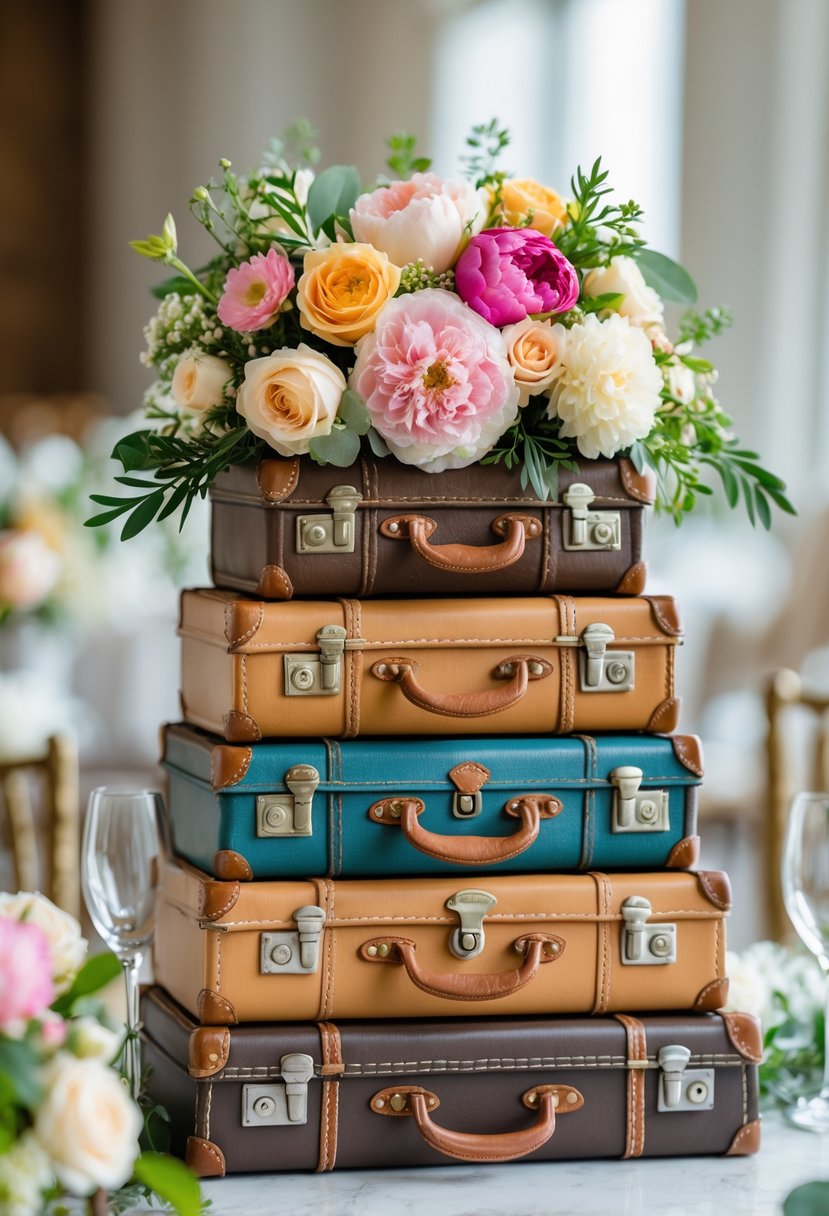Stack of small vintage suitcases decorated with fresh flowers arranged as a wedding centerpiece.