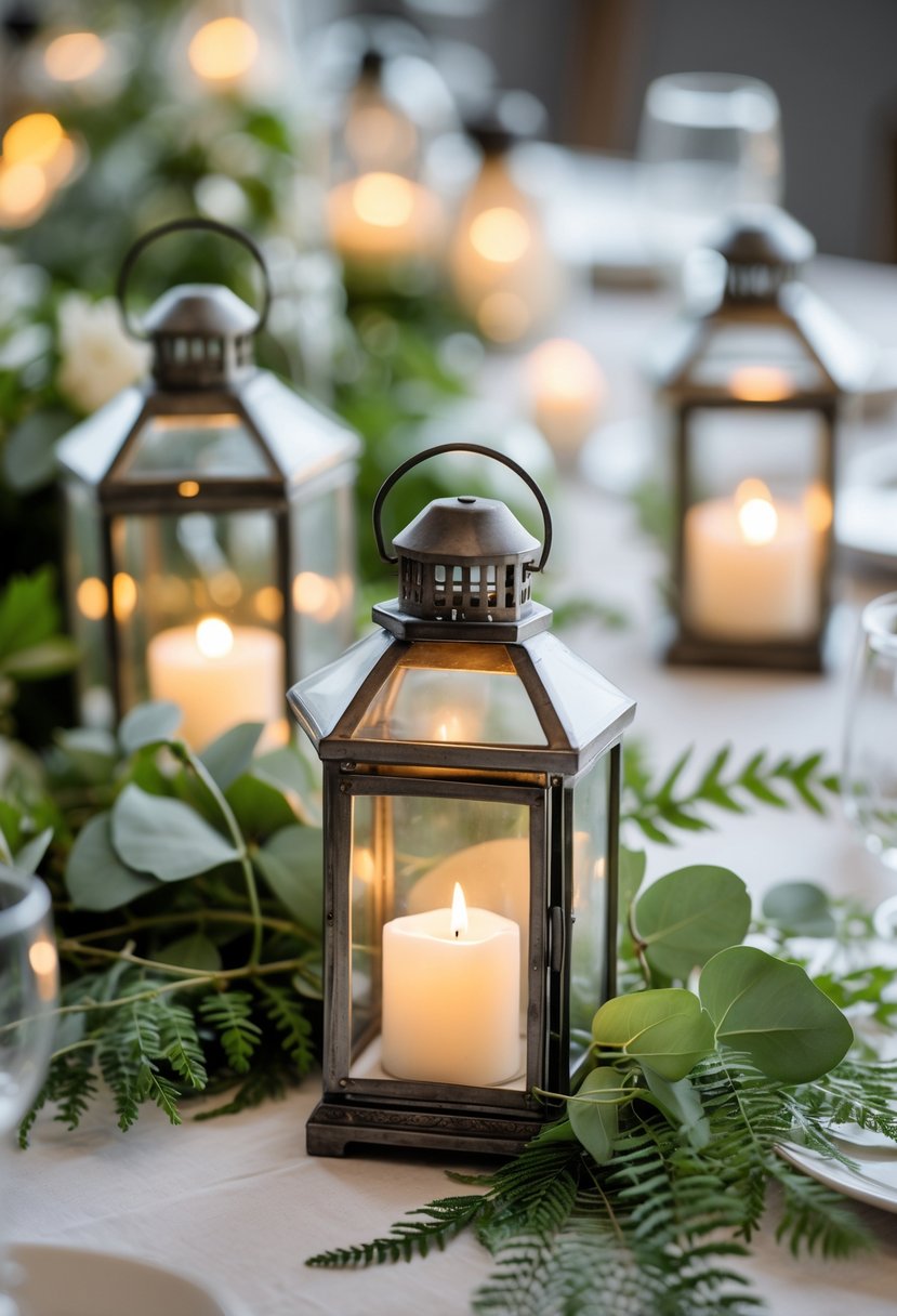 Mini lanterns surrounded by green leaves arranged as a wedding centerpiece on a table.