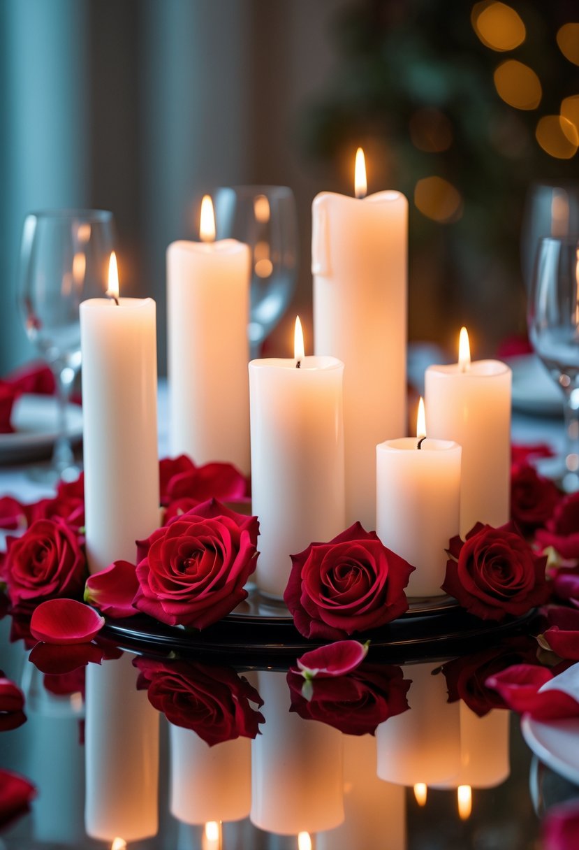 Lit white candles surrounded by red rose petals arranged as a wedding centerpiece.