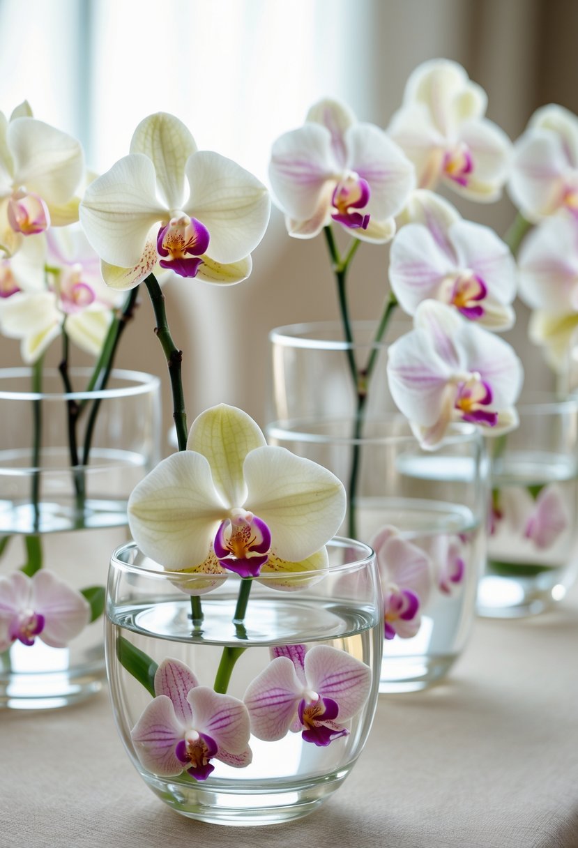 Clear glass bowls filled with water and floating orchids arranged as wedding centerpieces on a table.