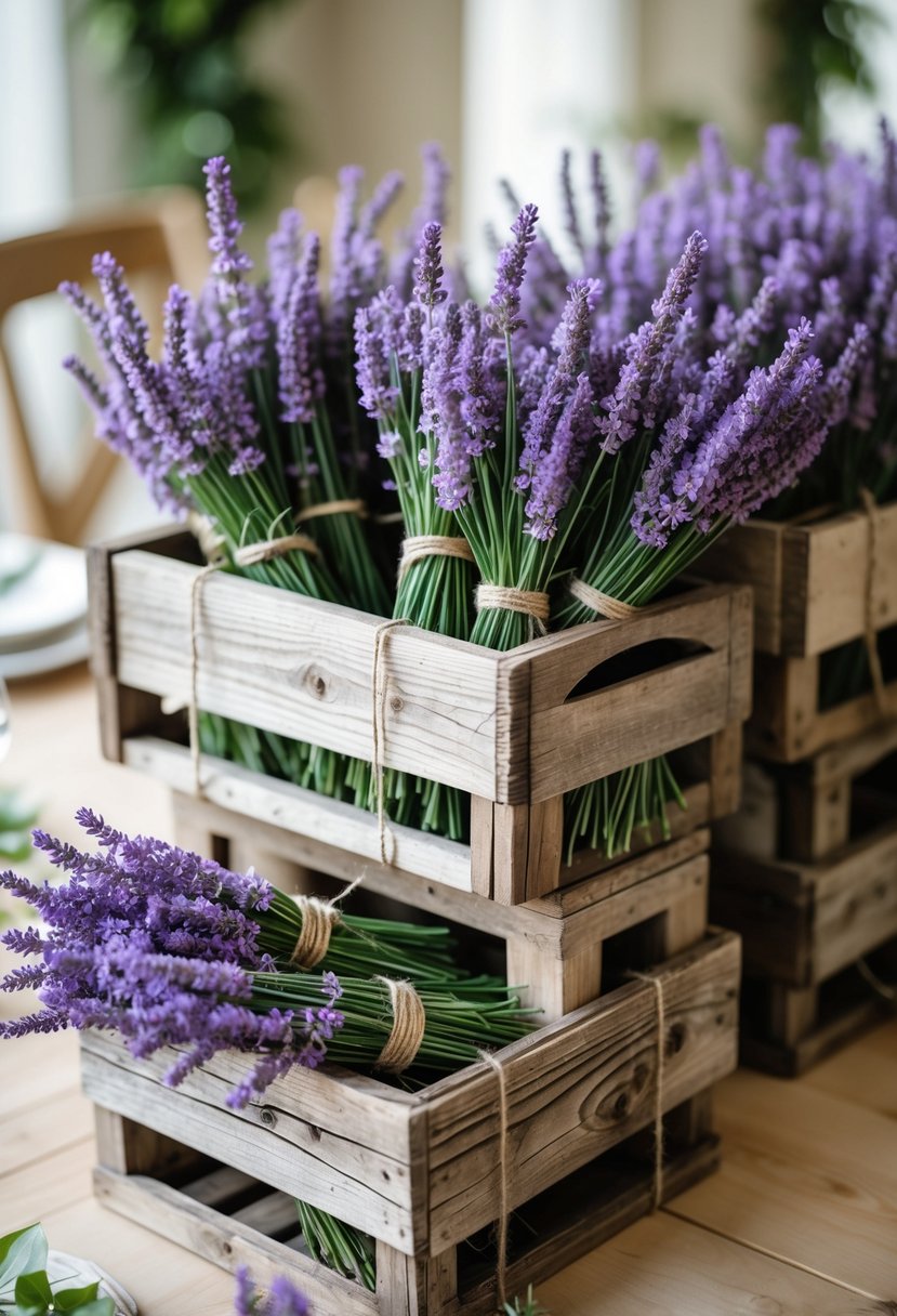 Rustic wooden crates filled with bundles of fresh lavender arranged on a wooden table.