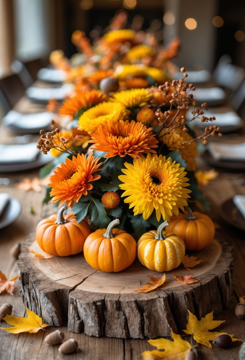 A centerpiece with small orange mini pumpkins and yellow and orange chrysanthemums arranged on wooden slabs on a wooden table with autumn leaves around it.