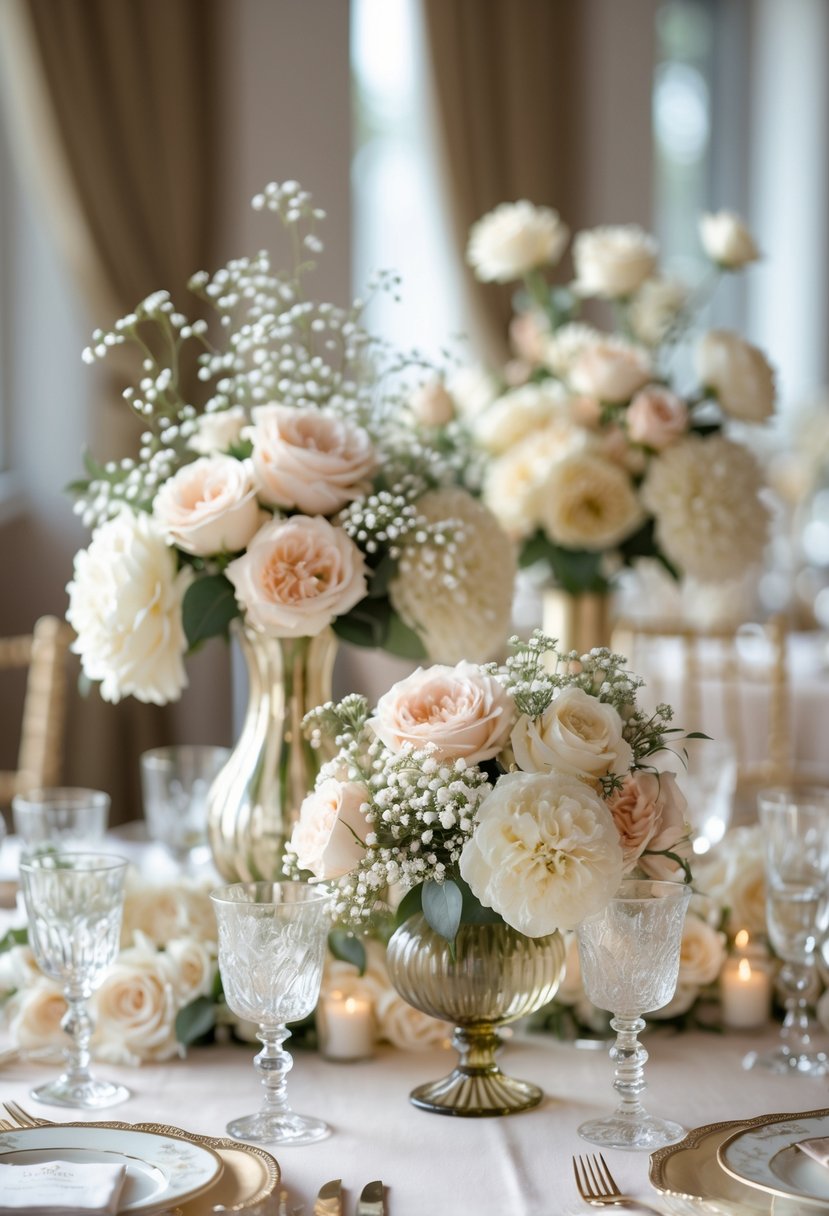 A wedding table with cream and champagne colored floral centerpieces, antique glass vases, and elegant table settings.