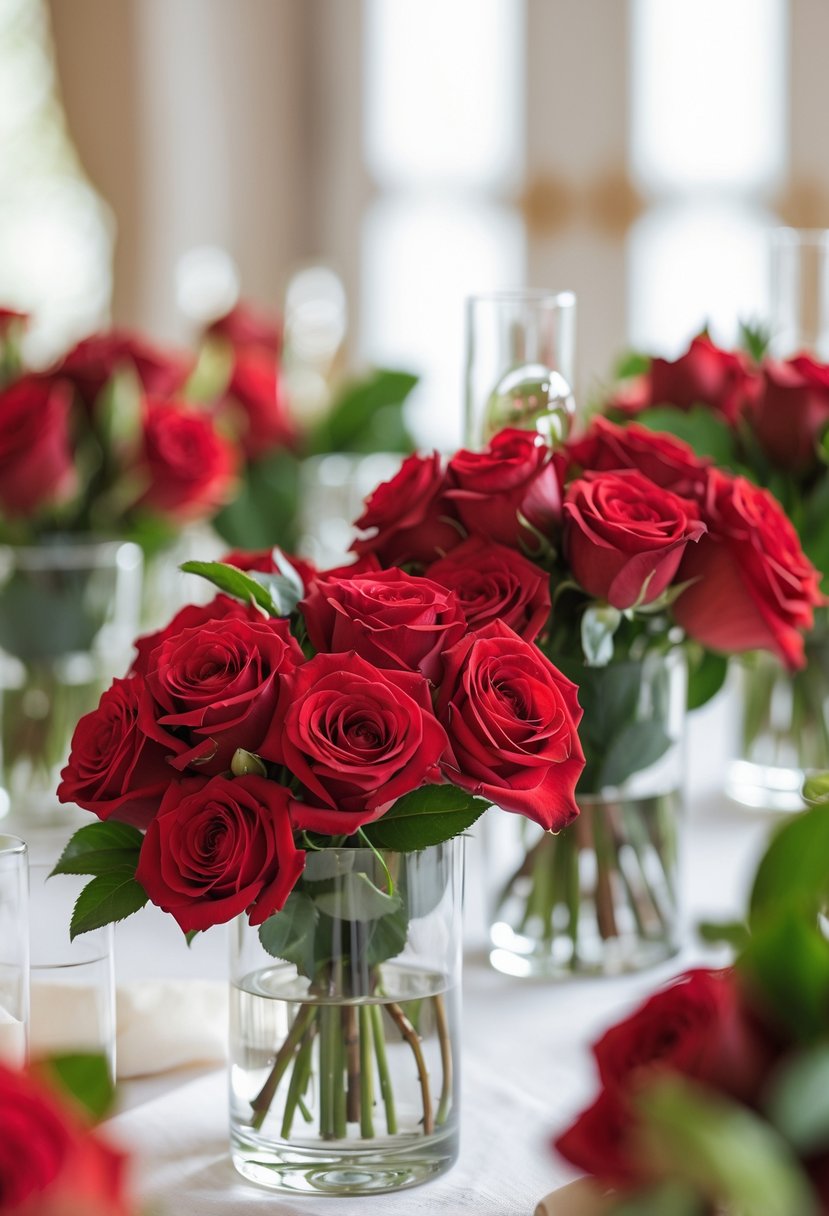 A close-up of classic red roses arranged in short clear glass containers on a table.