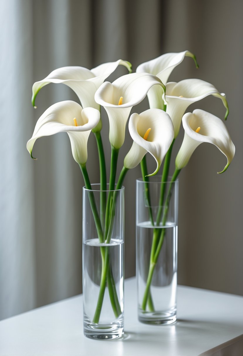 White calla lilies arranged in slim glass vases on a neutral background.