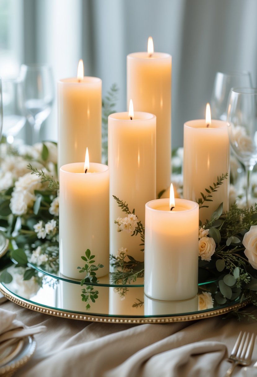 A cluster of lit pillar candles on mirrored trays surrounded by greenery and flowers as a wedding centerpiece.