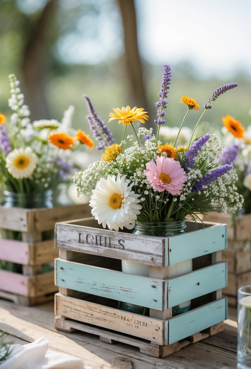 Wooden French milk crates filled with assorted wildflowers arranged on a wooden table as wedding centerpieces.