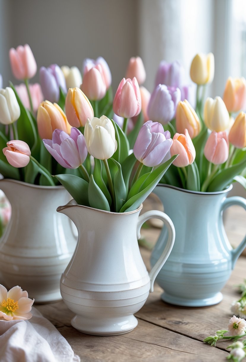 Mixed pastel tulips arranged in ceramic pitchers on a wooden table.