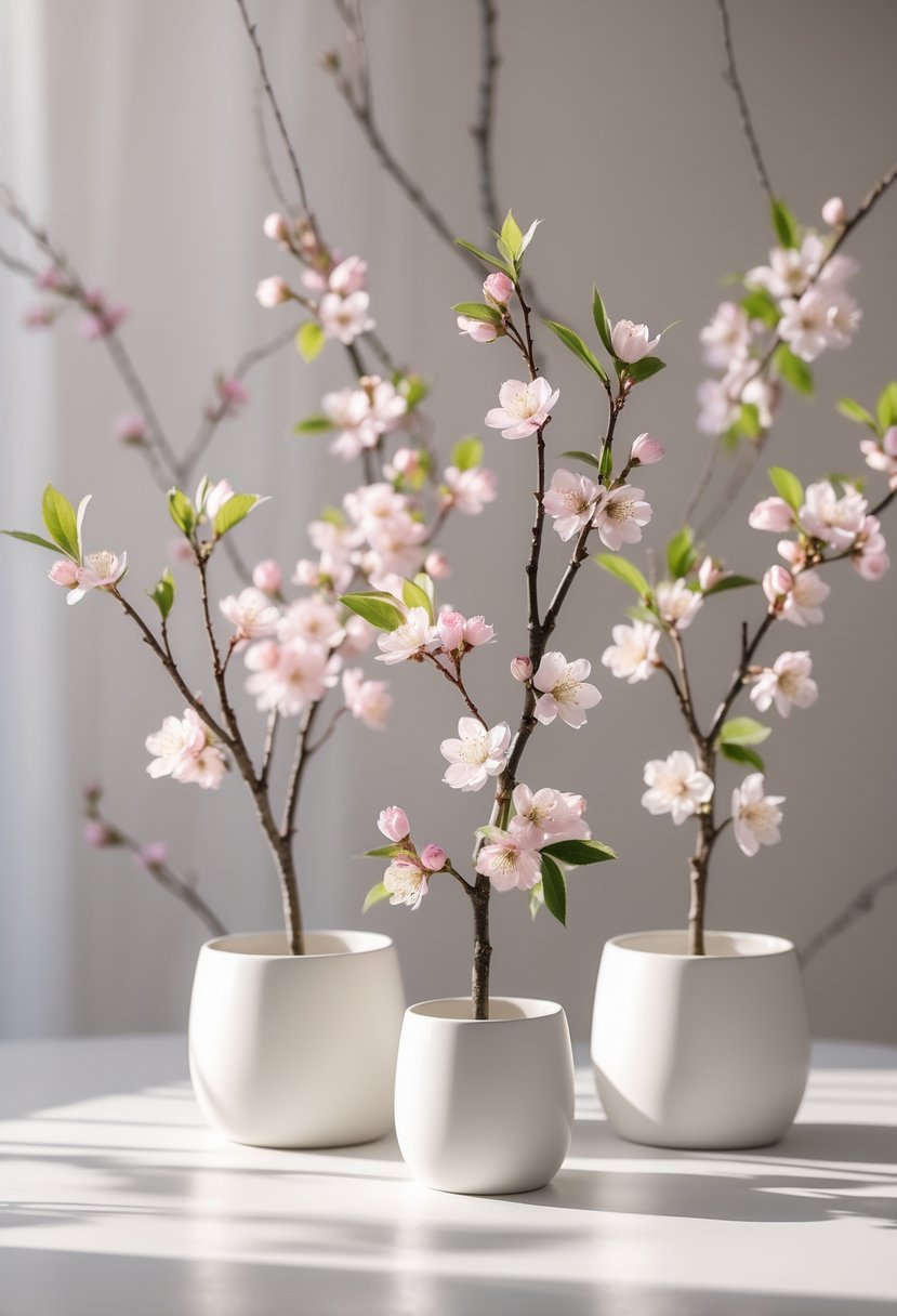 Cherry blossom branches with pink flowers arranged in white pots on a light surface.