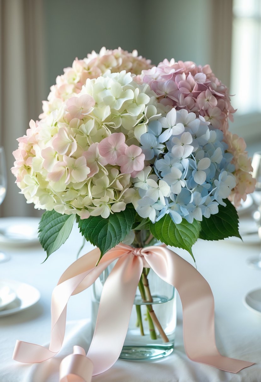 A wedding centerpiece with soft hydrangeas in pastel colors and silk ribbons tied around a glass vase on a white table.