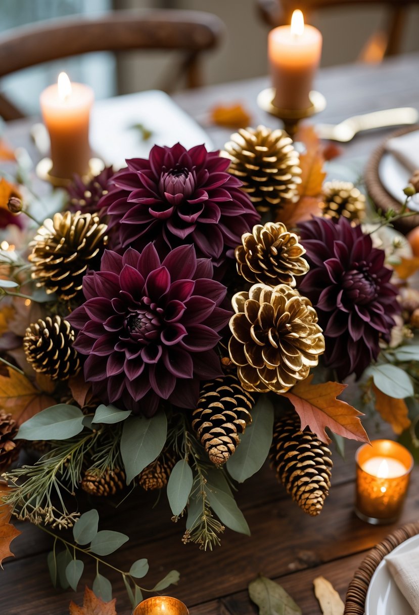 A wedding centerpiece with burgundy dahlias and gold-painted pinecones on a wooden table surrounded by autumn leaves and candles.