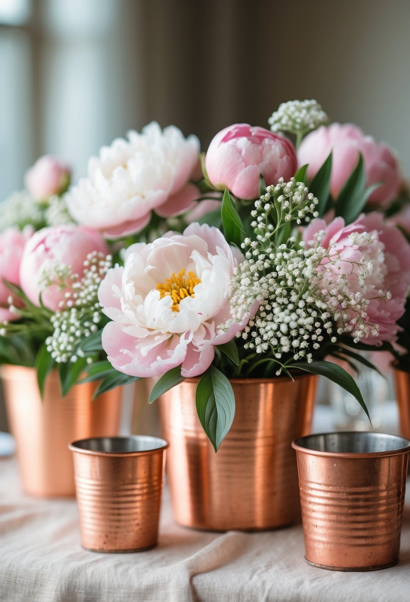 Spring peonies and baby's breath arranged in copper buckets as a wedding centerpiece.