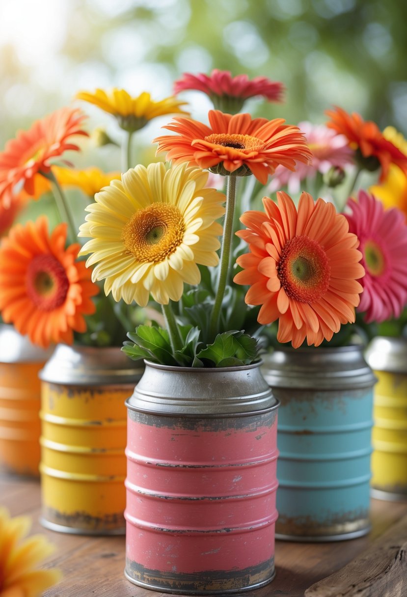 A colorful arrangement of bright gerbera daisies in rustic tin cans on a wooden table with a blurred green background.