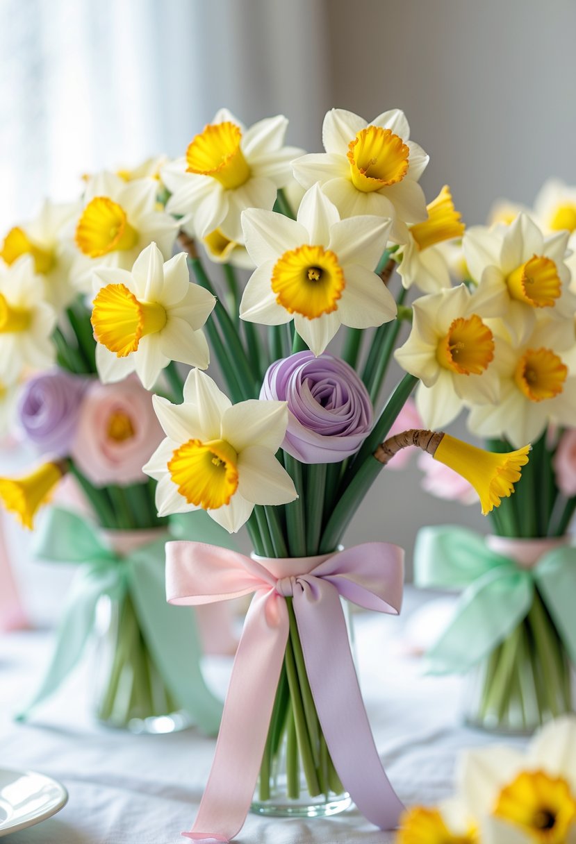 A close-up of spring daffodil flower bouquets tied with pastel-colored ribbons on a white table.
