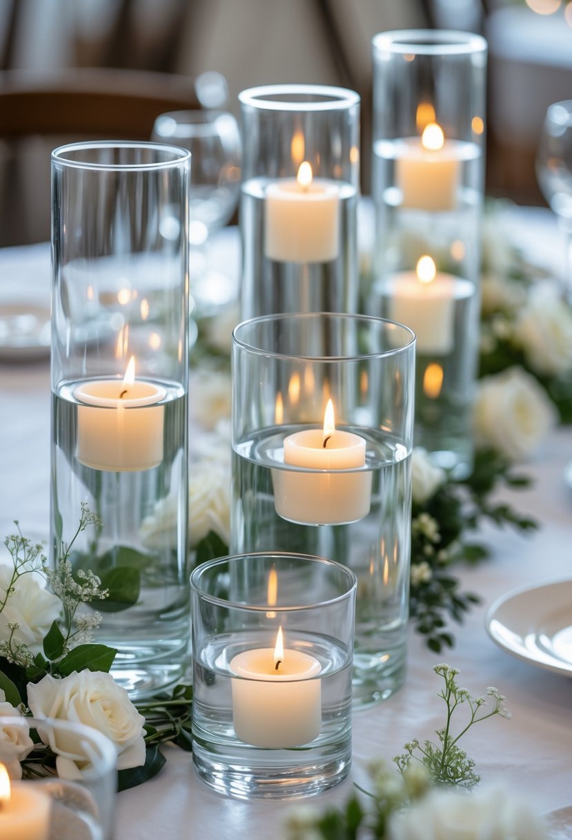 Clear glass vases with lit white floating candles arranged on a table with greenery and white flowers.