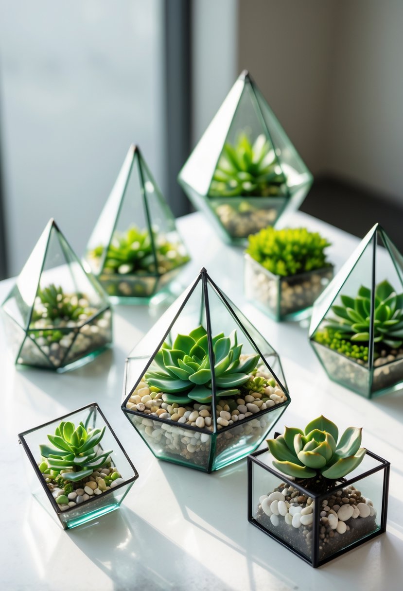 Several geometric glass terrariums filled with green succulents arranged on a white surface.