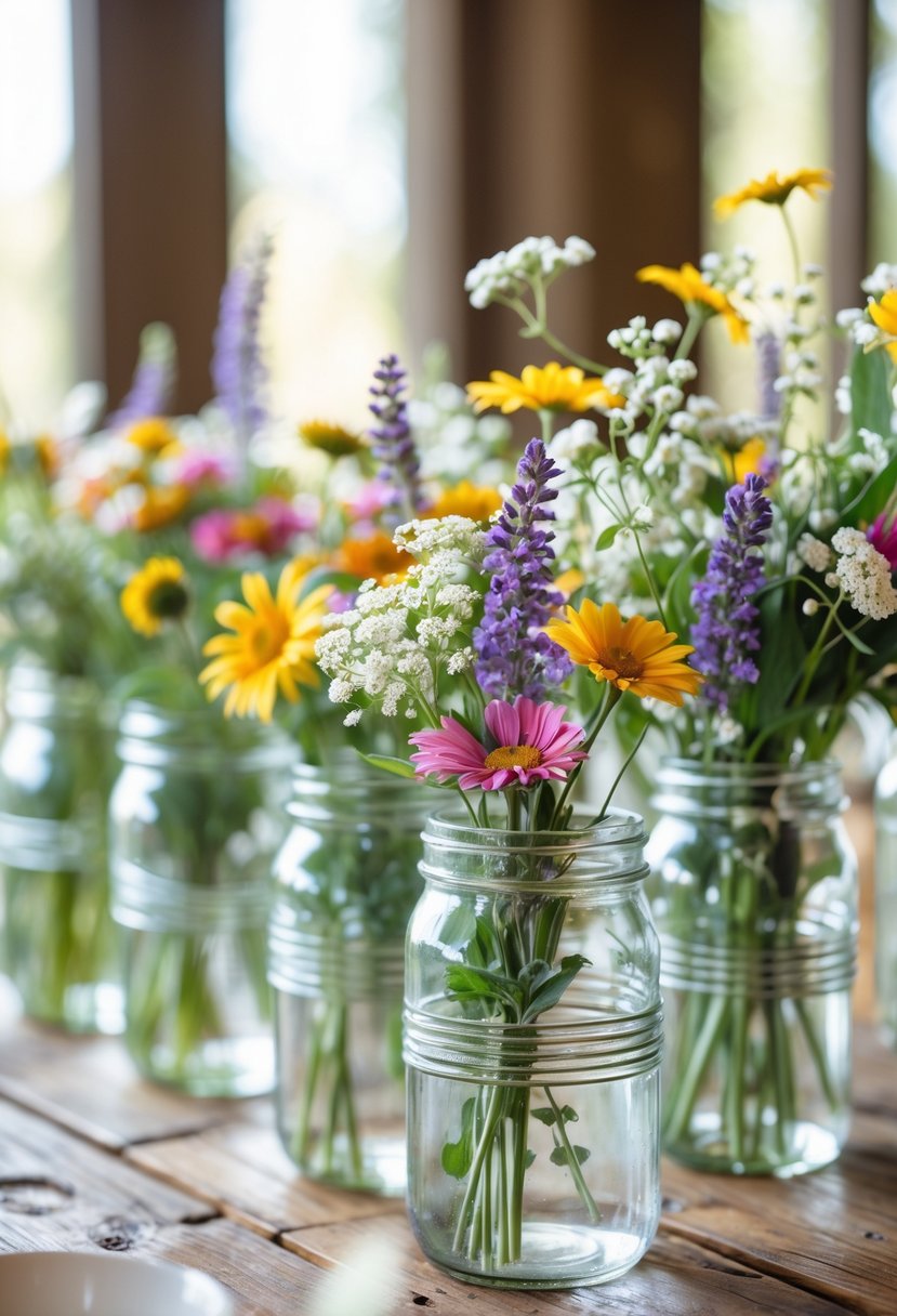 Mason jars filled with colorful wildflowers arranged on a wooden table as wedding centerpieces.