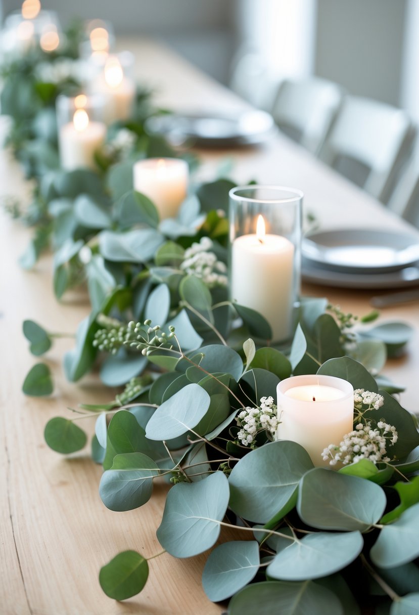 A wooden table decorated with a simple eucalyptus garland and white candles, creating a fresh and natural wedding centerpiece.