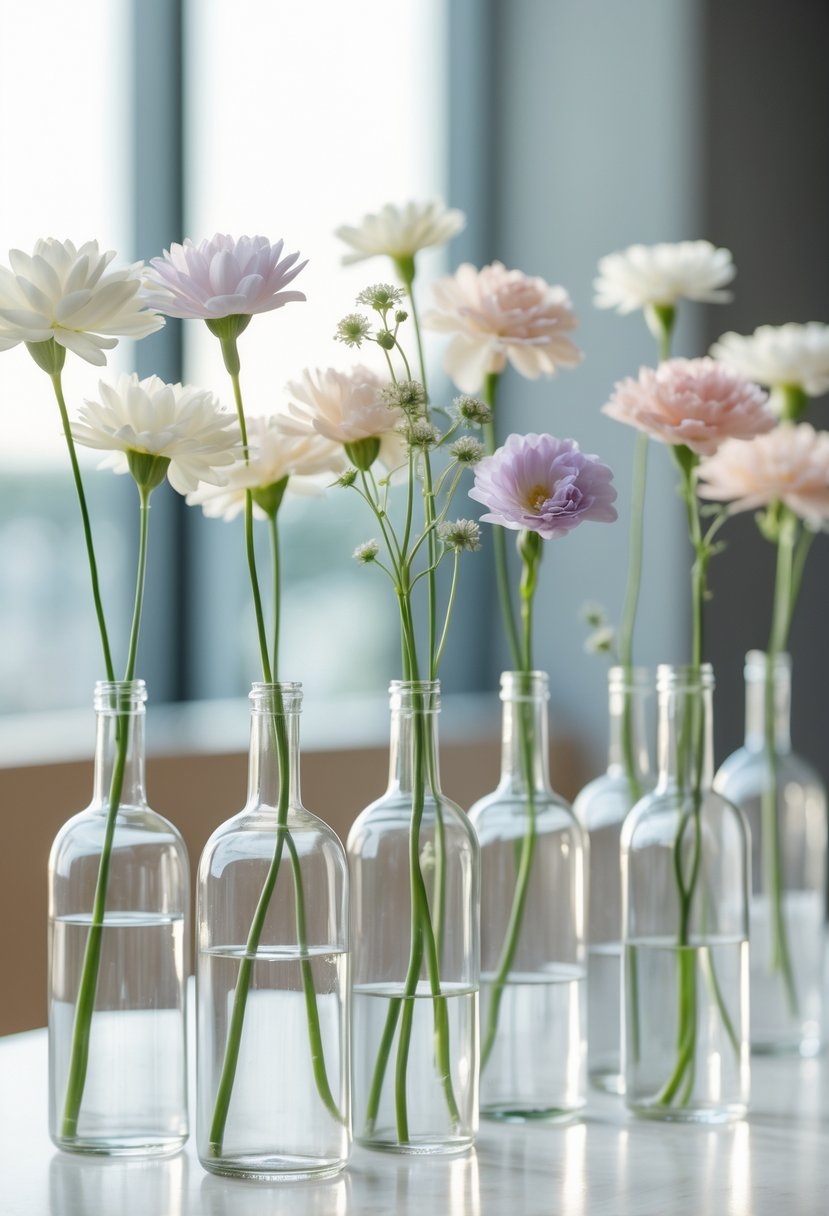 Clear glass bottles each holding a single stem flower arranged on a table as a wedding centerpiece.