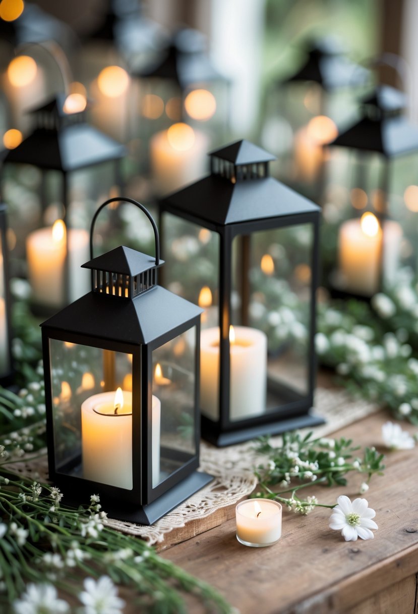 Metal lanterns with lit tea light candles arranged on a wooden table decorated with greenery and small white flowers.