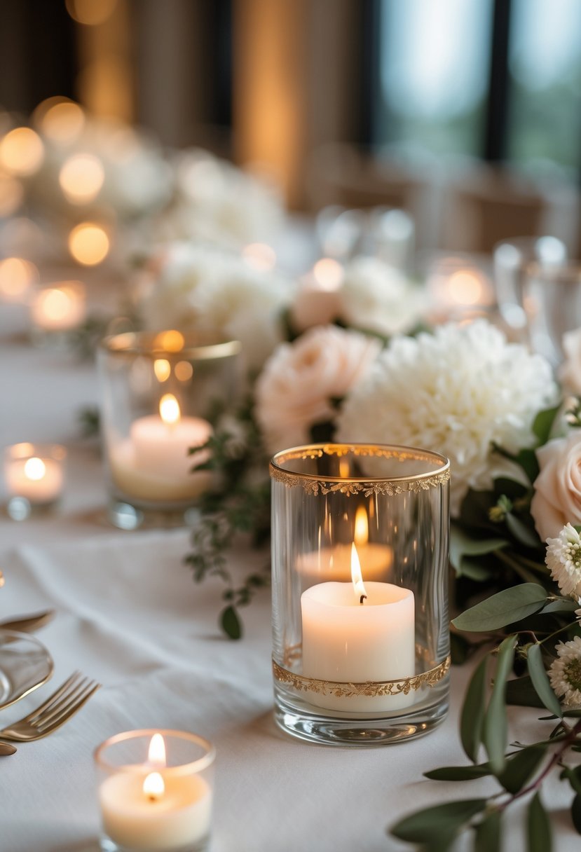 Glass votive candle holders with gold trim arranged on a table with flowers and greenery.