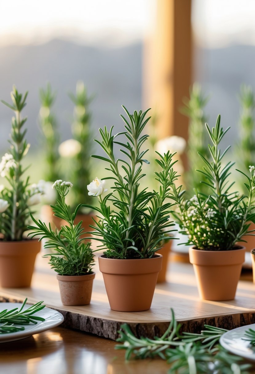 Small potted rosemary herbs arranged as a wedding centerpiece on a wooden table.