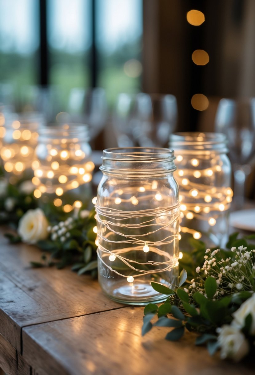 Mason jars wrapped in glowing LED string lights arranged on a wooden table with greenery and small white flowers.
