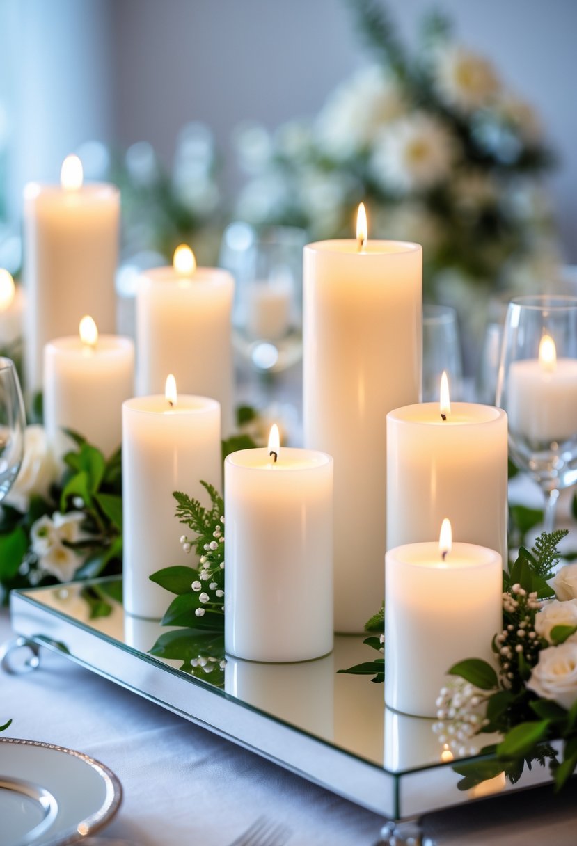 White pillar candles lit on mirrored trays with floral accents as a wedding centerpiece.