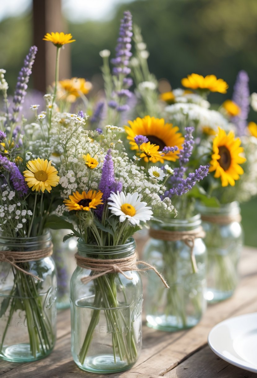 Several mason jars filled with colorful wildflower bouquets arranged on a wooden table.