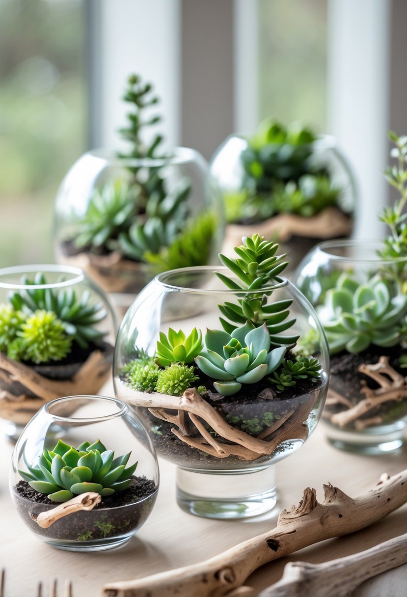 A table with glass terrariums containing green succulents and pieces of driftwood arranged as wedding centerpieces.