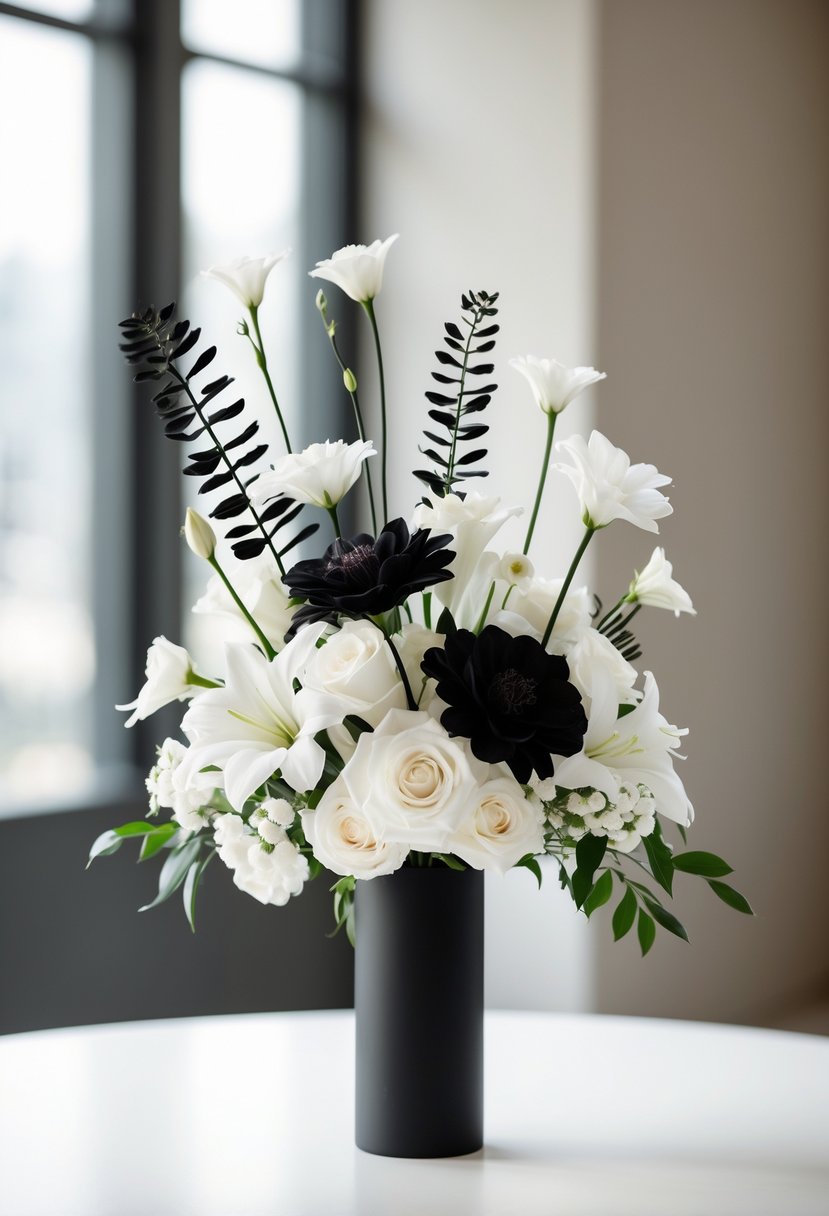 A wedding table centerpiece with white flowers and black accents in a modern vase on a white table.
