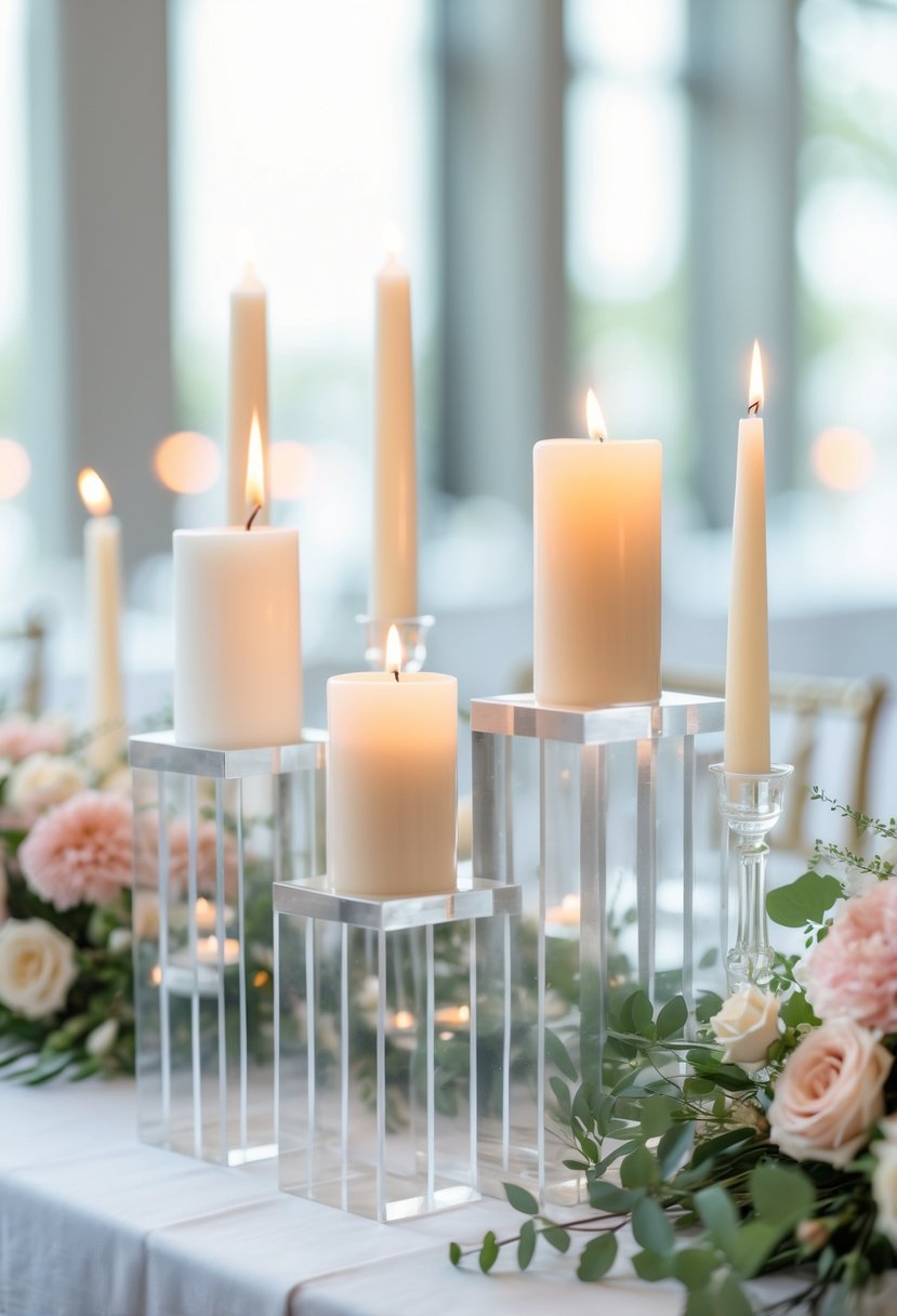 A wedding table centerpiece with clear acrylic risers holding lit white candles surrounded by greenery and soft pastel flowers.