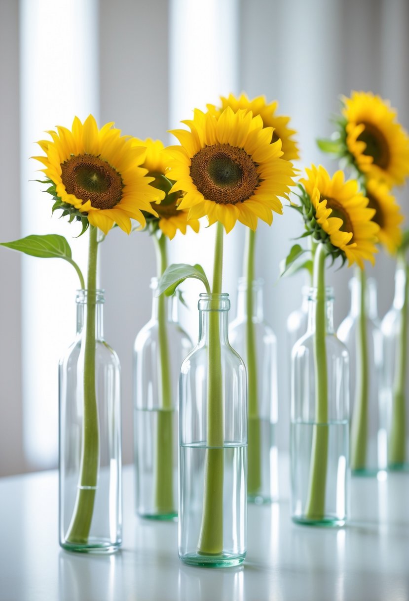 Single sunflower stems in tall glass bottles arranged on a white table.