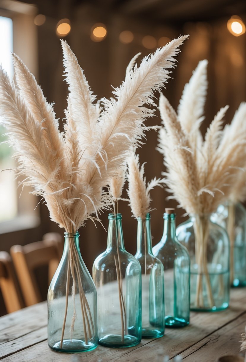 A wedding centerpiece with vintage glass bottles holding pampas grass on a wooden table.