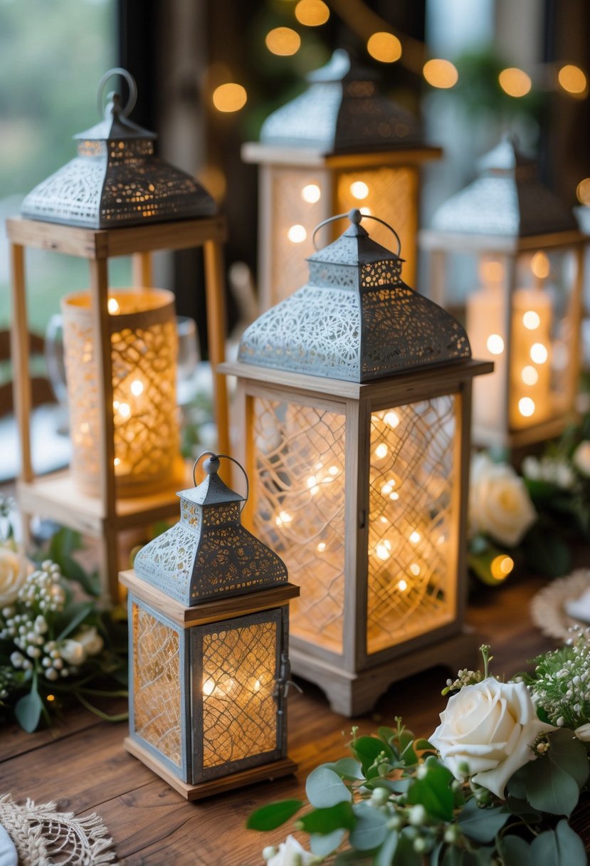 A wedding centerpiece with layered lanterns decorated with glowing fairy lights and surrounded by flowers on a wooden table.