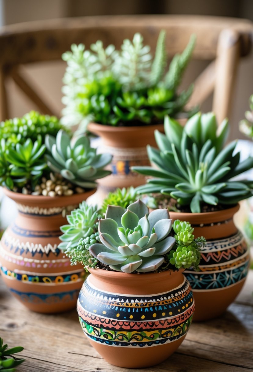 A collection of hand-painted clay pots filled with green succulents arranged on a wooden table.