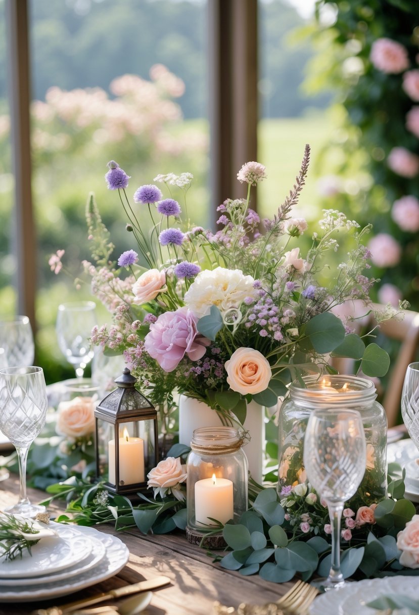 A wedding table centerpiece with pastel wildflowers, greenery, candles in lanterns, and glass jars on a wooden table, set in a garden environment.