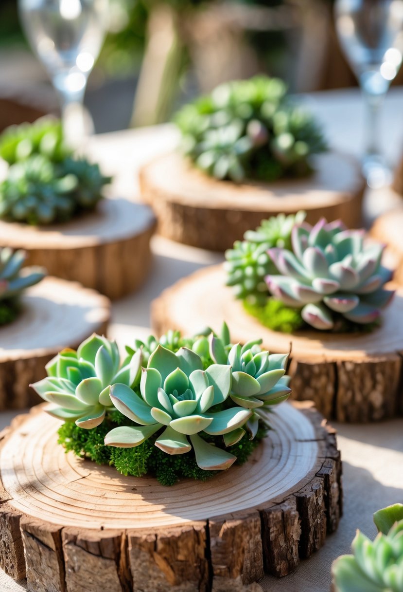 Reclaimed wood slices topped with clusters of green succulents arranged as wedding centerpieces.