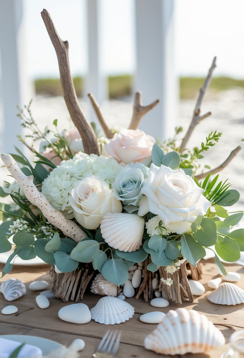 A wedding centerpiece on a wooden table with seashells, starfish, white and pastel flowers, greenery, and driftwood, set in a bright beach-like environment.