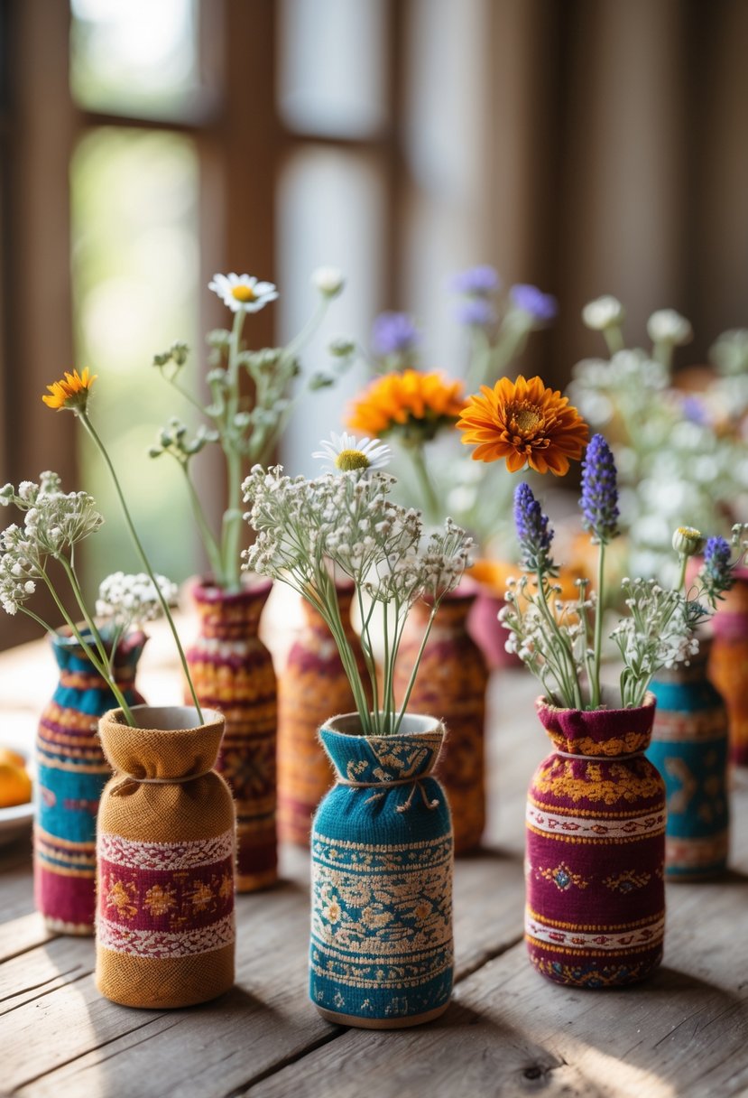 A group of small bud vases wrapped in colorful fabric, each holding a single flower, arranged on a wooden table.