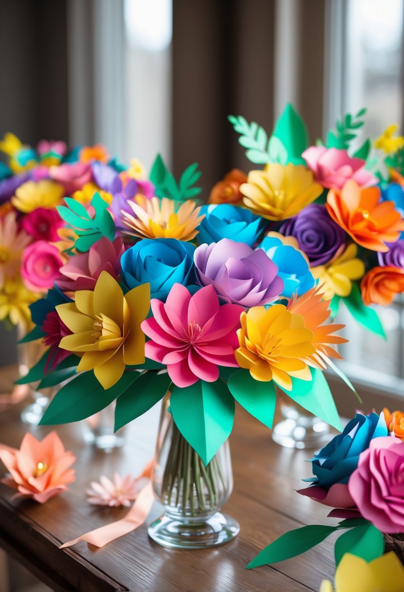 Colorful paper flower bouquets arranged as wedding centerpieces on a wooden table with soft natural lighting.