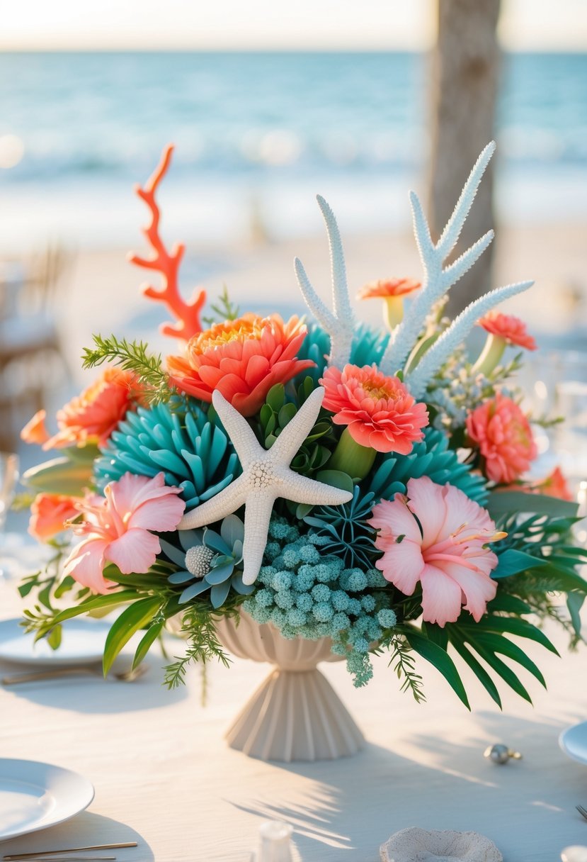 A wedding centerpiece with coral-colored flowers and sea-inspired decorations on a wooden table by the beach.