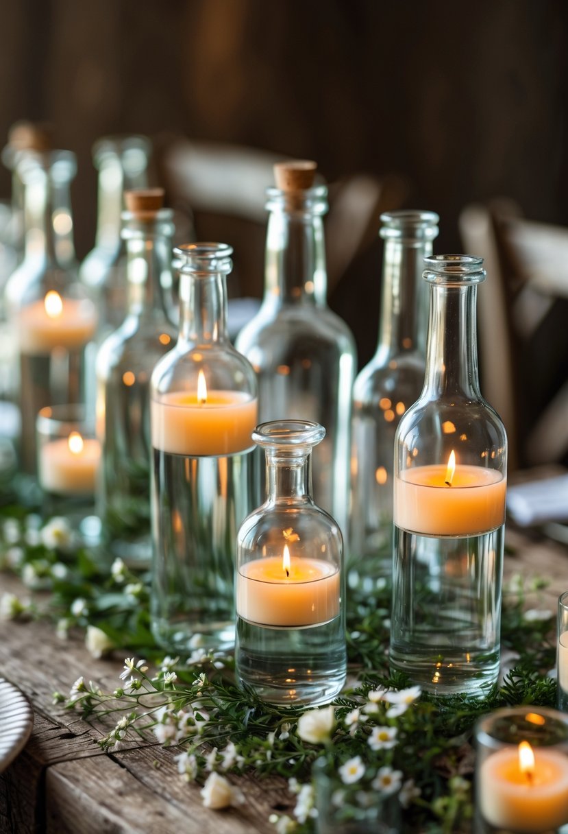 Glass bottles with floating candles arranged as a wedding centerpiece on a wooden table with greenery and flowers.