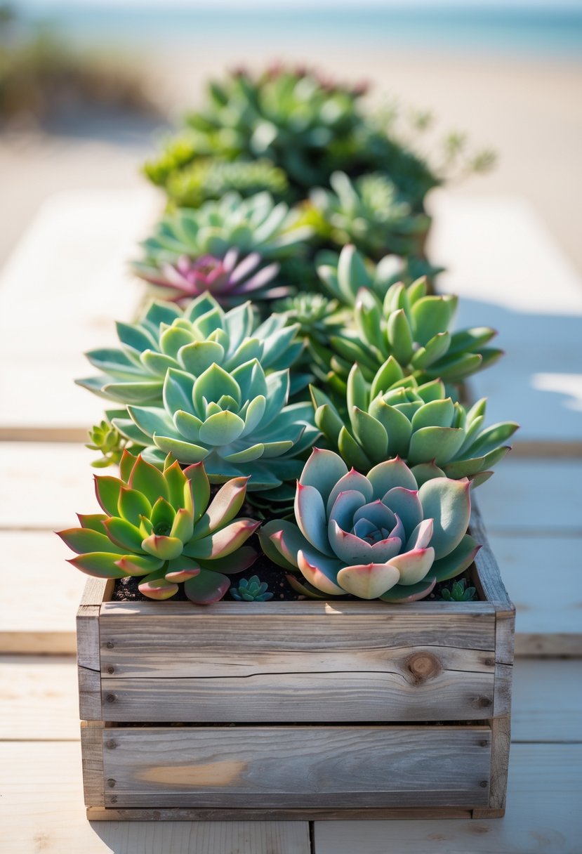Succulent plants arranged in rustic wooden boxes on a wooden table, set outdoors with a blurred coastal background.