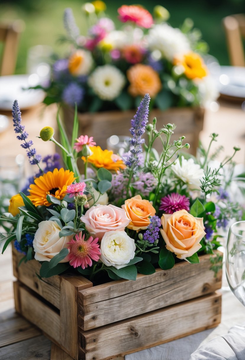 Rustic wooden boxes filled with a colorful mix of fresh flowers arranged as wedding centerpieces on a wooden table.