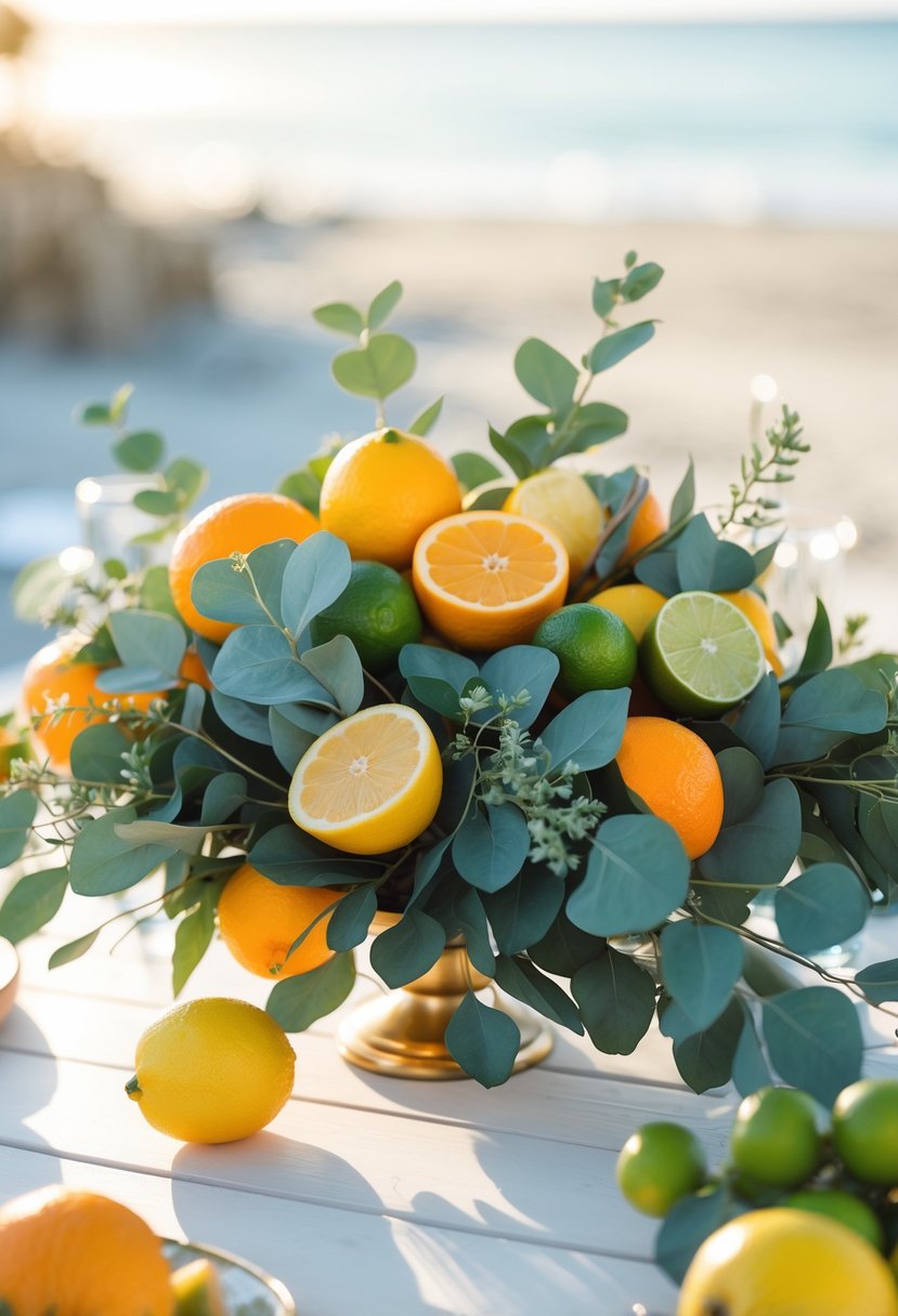 A table with wedding centerpieces made of citrus fruits and eucalyptus leaves, set outdoors with a blurred coastal background.