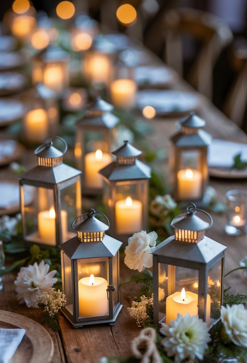 Mini lanterns with flickering LED candles arranged on a wooden table surrounded by flowers and greenery.